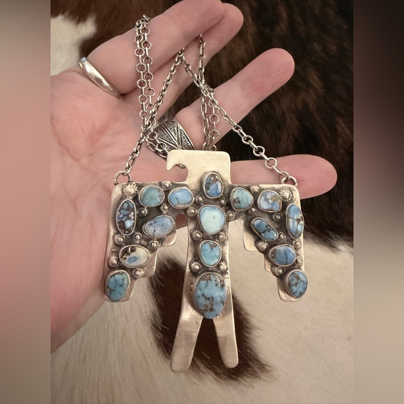 ❤️ Golden Hills Turquoise Thunderbird ADJ Statement Necklace 22.5” Unisex 33Gram - Picture 14 of 17